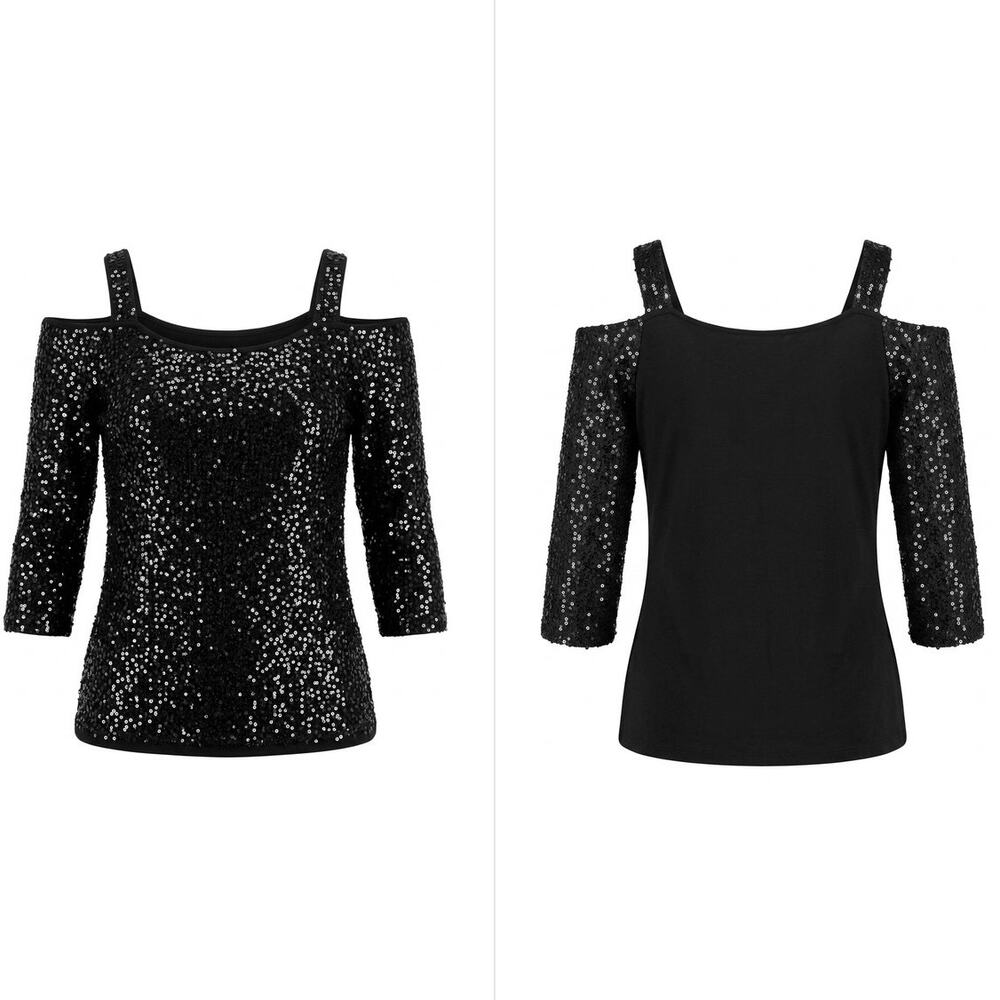 INC International Concepts Black Sequin Cold Shoulder Top Women Size XS